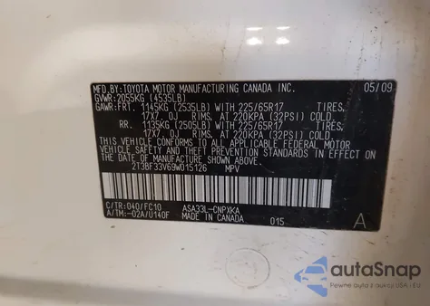 2009 Toyota Rav4 z USA, uszkodzony, nr VIN 2T3BF33V69W015126